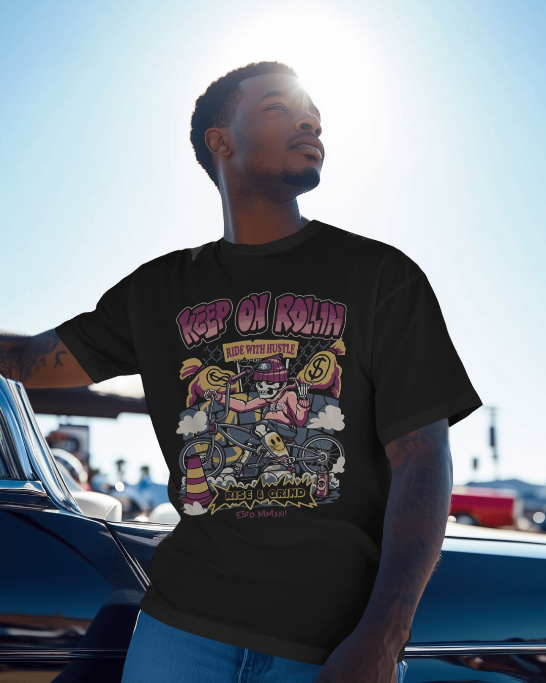 "Keep Rollin’" Oversized T-Shirt Black & White WPBW165050